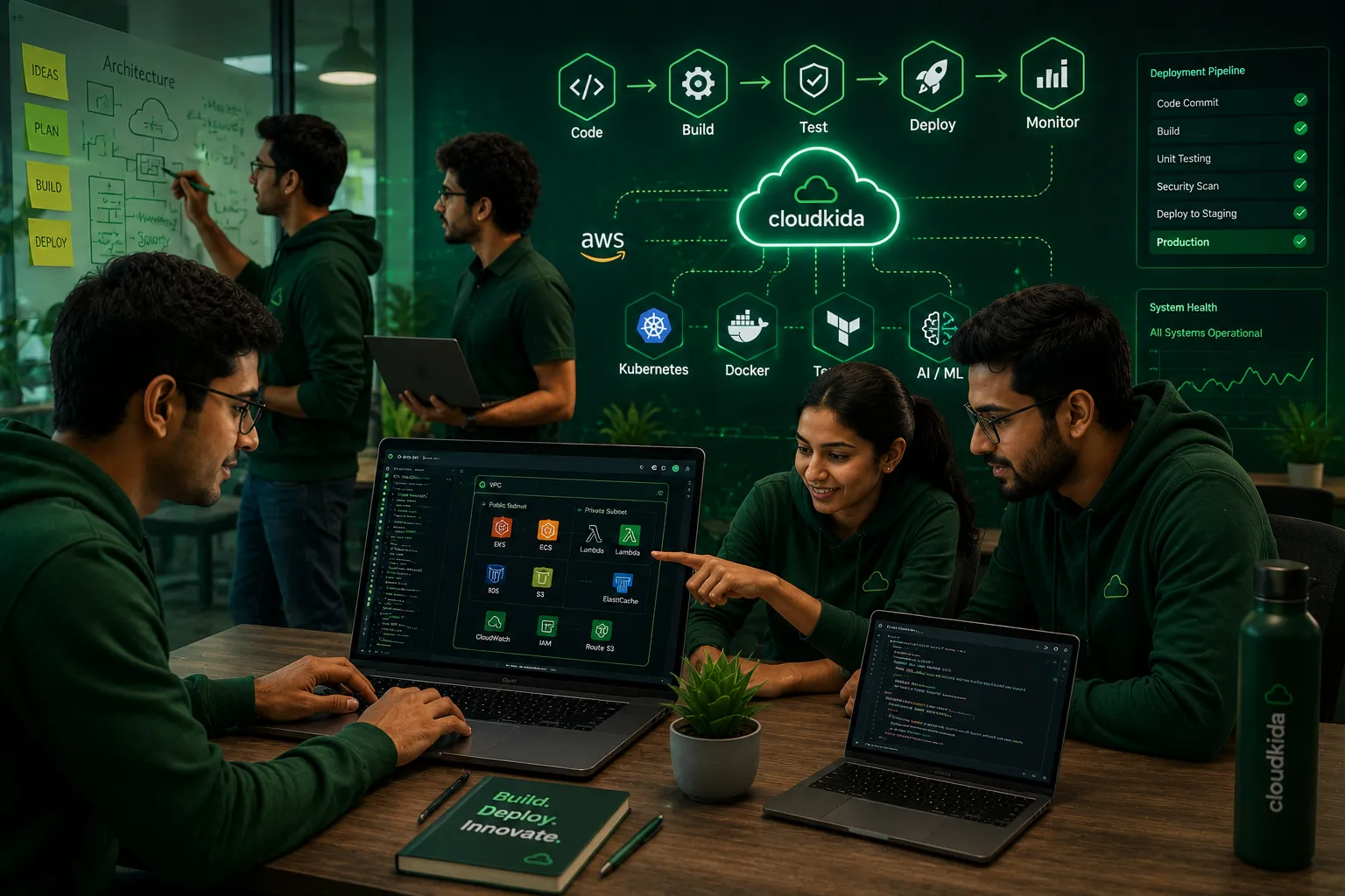 CloudKida AWS DevOps pipeline — Code Build Test Deploy Monitor with Kubernetes Docker Terraform on AWS infrastructure including EKS ECS Lambda RDS S3 CloudWatch IAM