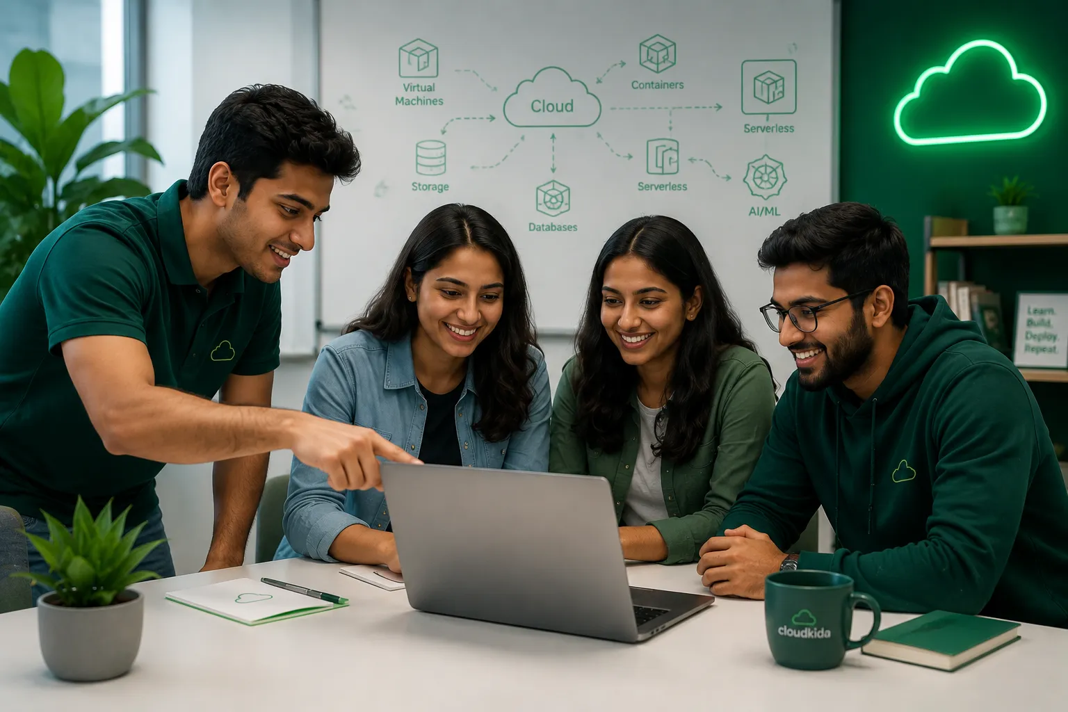CloudKida team collaborating on cloud architecture — Virtual Machines, Containers, Serverless, Storage, Databases, AI/ML learning environment